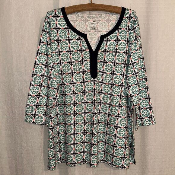 TALBOTS 2X Cotton Blend White Teal Coral Navy Quarter Sleeve Top Tunic - Picture 1 of 12